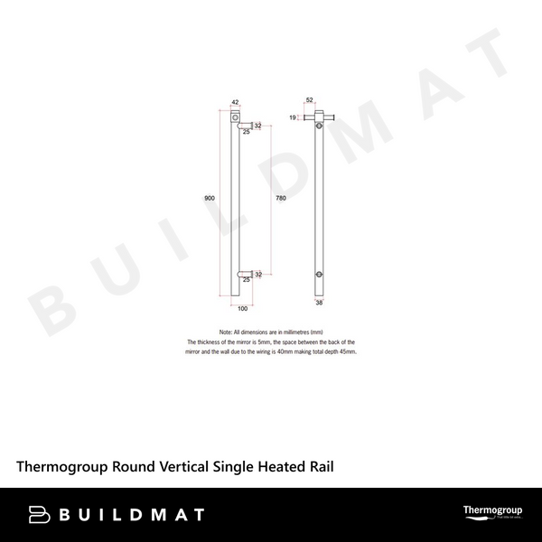 Thermogroup Round 240Volt Vertical Single 22Watts Heated Rail Matt White