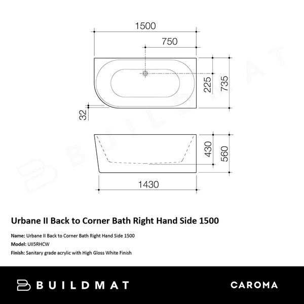 Caroma Urbane II Back to Corner Bath Right Hand Side 1500