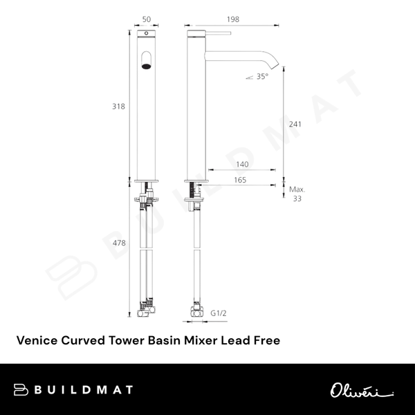 Oliveri Venice Curved Tower Basin Mixer Classic Gold Lead Free