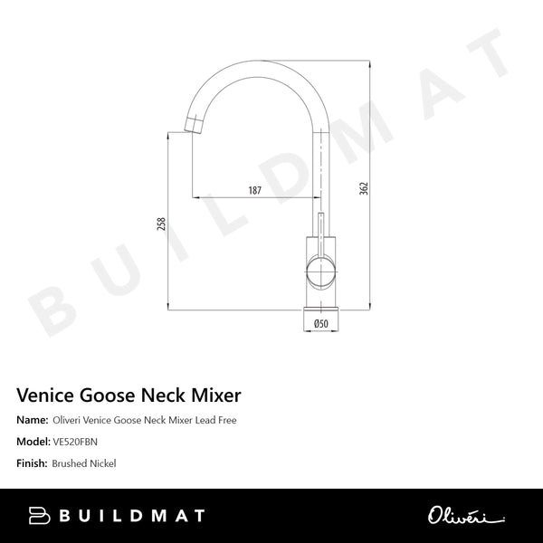 Oliveri Venice Goose Neck Mixer Lead Free Brushed Nickel