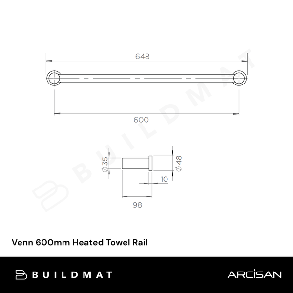 Arcisan Venn 600mm Heated Towel Rail Champagne Brass