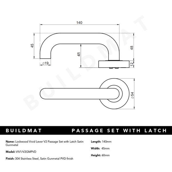 Lockwood Vivid Lever V2 Passage Set with Latch Satin Gunmetal