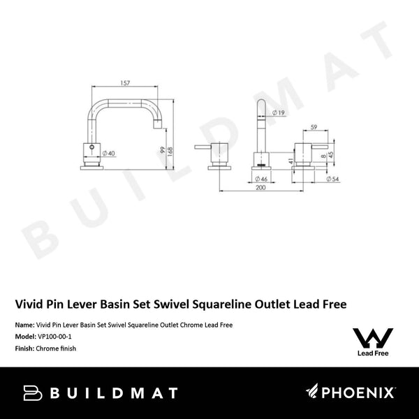 Phoenix Vivid Pin Lever Basin Set Swivel Squareline Outlet Chrome Lead Free