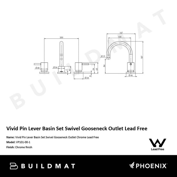 Phoenix Vivid Pin Lever Basin Set Swivel Gooseneck Outlet Chrome Lead Free
