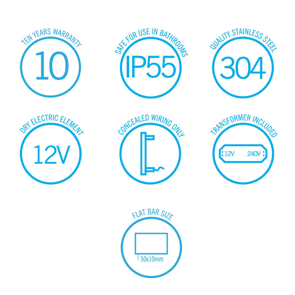 Thermogroup Flat Pill 12V Vertical Single Heated Towel Rail Polished Stainless Steel