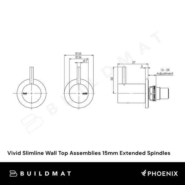 Phoenix Vivid Slimline Wall Top Assemblies 15mm Extended Spindles Matte Black Lead Free