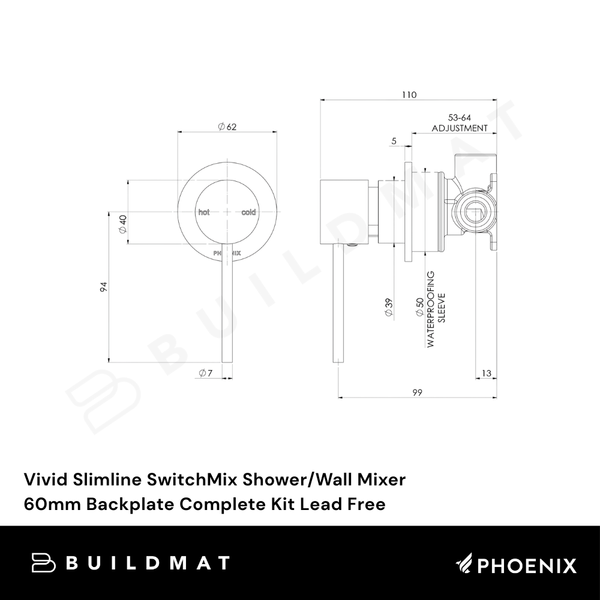Phoenix Vivid Slimline SwitchMix Shower/Wall Mixer 60mm Backplate (Complete Kit) Matte Black Lead Free