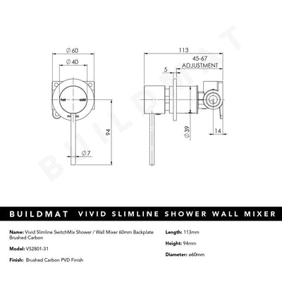 Vivid Slimline SwitchMix Shower / Wall Mixer 60mm Backplate Brushed Carbon