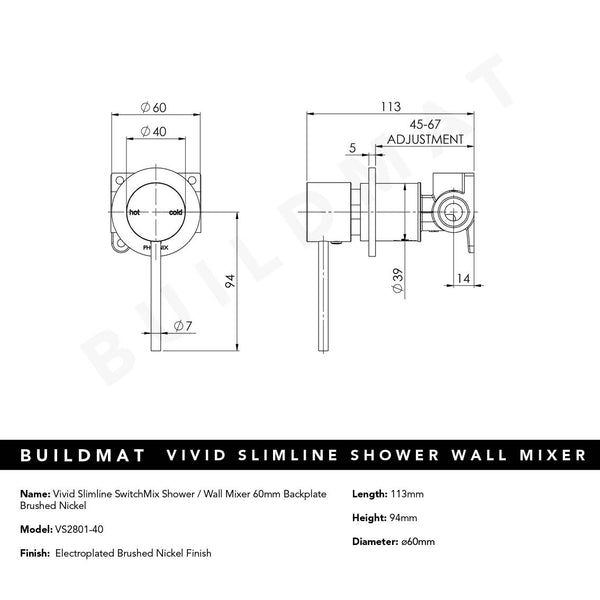 Phoenix Vivid Slimline SwitchMix Shower / Wall Mixer 60mm Backplate Brushed Nickel
