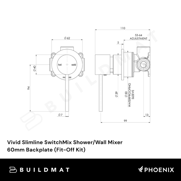 Phoenix Vivid Slimline SwitchMix Shower/Wall Mixer 60mm Backplate (Fit-Off Kit) Matte Black Lead Free