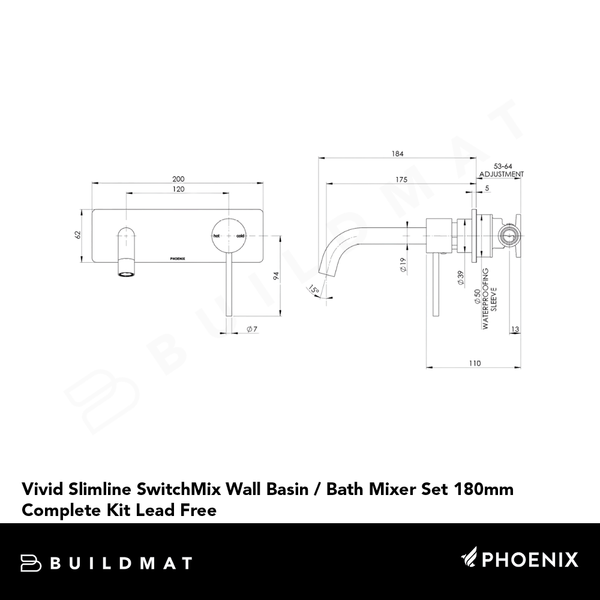 Phoenix Vivid Slimline SwitchMix Wall Basin / Bath Mixer Set 180mm (Complete Kit) Lead Free Brushed Carbon
