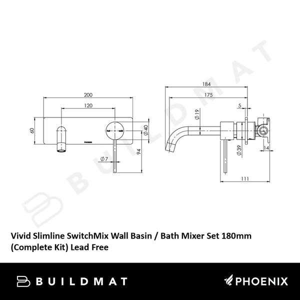 Phoenix Vivid Slimline SwitchMix Wall Basin / Bath Mixer Set 180mm (Complete Kit) Lead Free Brushed Nickel