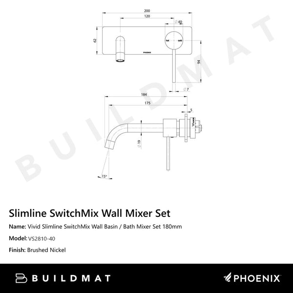 Phoenix Vivid Slimline SwitchMix Wall Basin / Bath Mixer Set 180mm (Complete Kit) Brushed Nickel