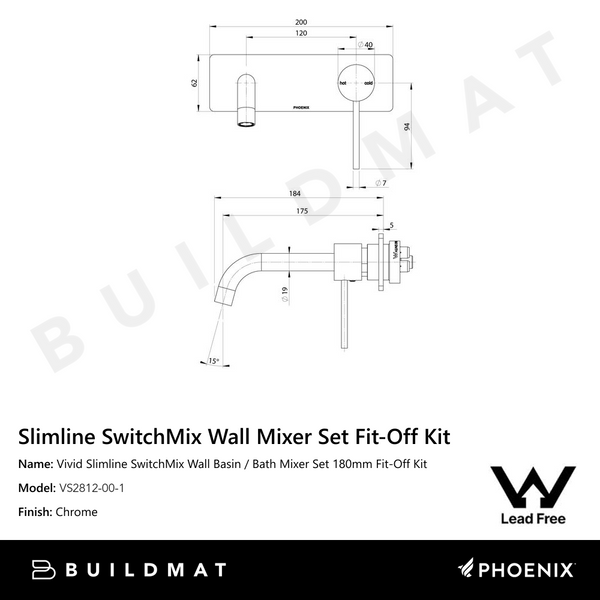 Phoenix Vivid Slimline SwitchMix Wall Basin / Bath Mixer Set 180mm Fit-Off Kit Lead Free Chrome