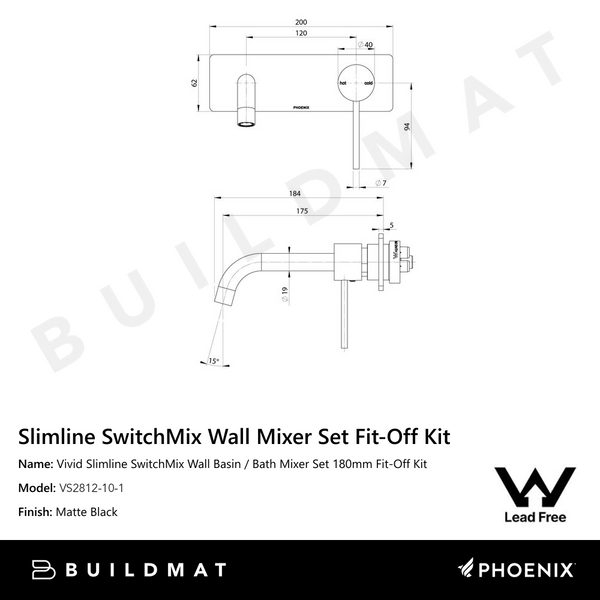 Phoenix Vivid Slimline SwitchMix Wall Basin/Bath Mixer Set 180mm (Fit-Off Kit) Lead Free Matte Black