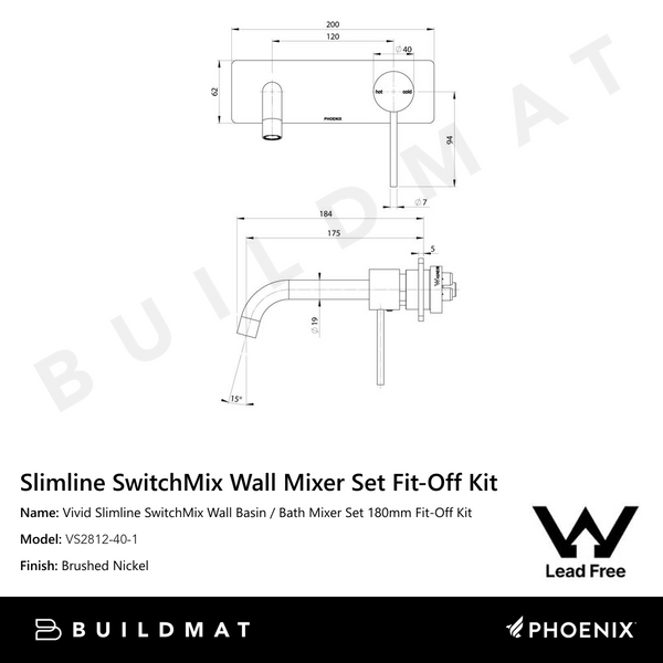 Phoenix Vivid Slimline SwitchMix Wall Basin / Bath Mixer Set 180mm Fit-Off Kit Lead Free Brushed Nickel