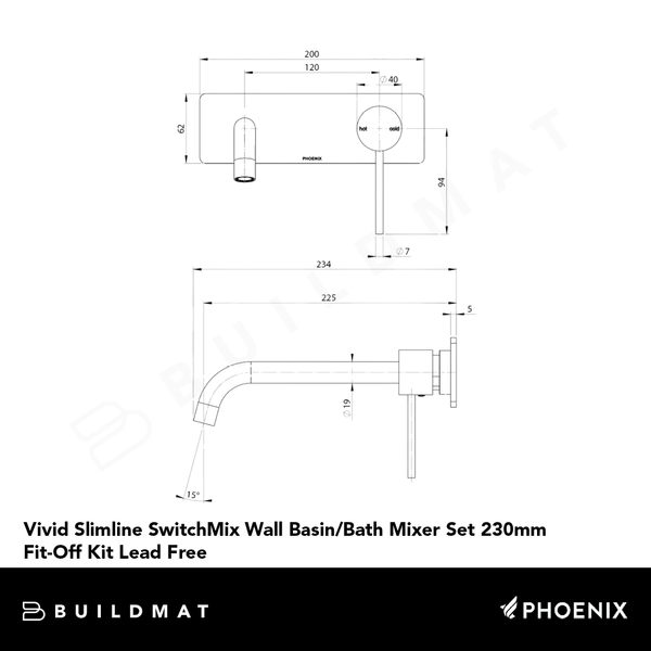 Phoenix Vivid Slimline SwitchMix Wall Basin / Bath Mixer Set 230mm (Fit-Off Kit Only) Lead Free Brushed Gold