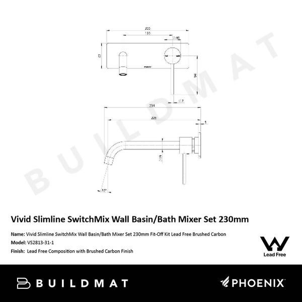 Phoenix Vivid Slimline SwitchMix Wall Basin / Bath Mixer Set 230mm Fit-Off Kit Only Lead Free Brushed Carbon