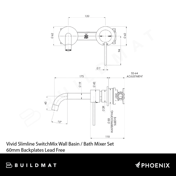 Phoenix Vivid Slimline SwitchMix Wall Basin / Bath Mixer Set 60mm Backplates (Fit-Off Kit Only) Lead Free Brushed Nickel