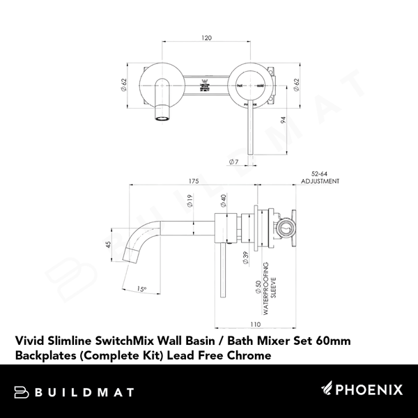 Phoenix Vivid Slimline SwitchMix Wall Basin / Bath Mixer Set 60mm Backplates (Complete Kit) Lead Free Brushed Nickel