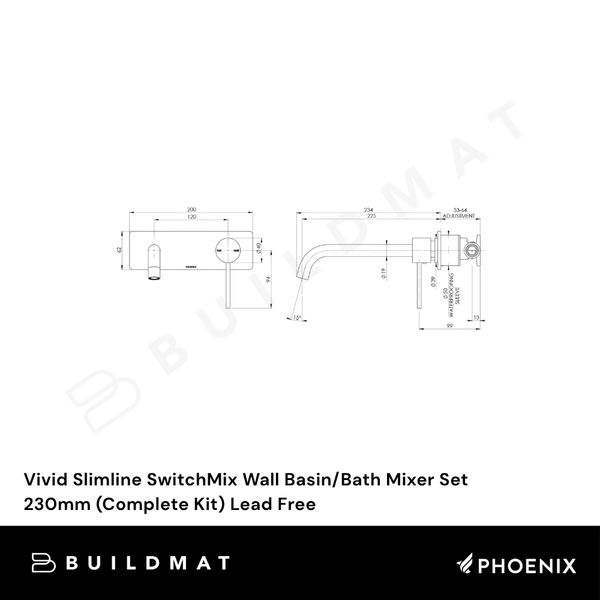 Phoenix Vivid Slimline SwitchMix Wall Basin/Bath Mixer Set 230mm (Complete Kit) Chrome Lead Free