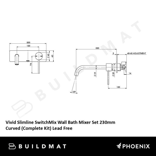 Phoenix Vivid Slimline SwitchMix Wall Bath Mixer Set 230mm Curved (Complete Kit) Matte Black Lead Free