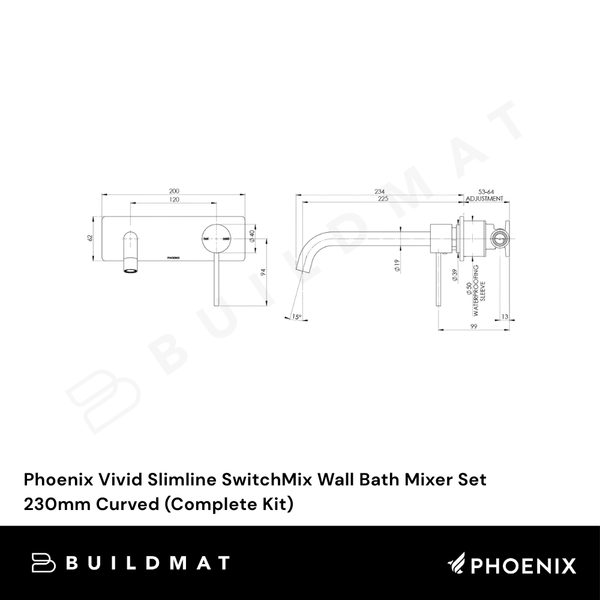 Phoenix Vivid Slimline SwitchMix Wall Bath Mixer Set 230mm Curved (Complete Kit) Matte Black