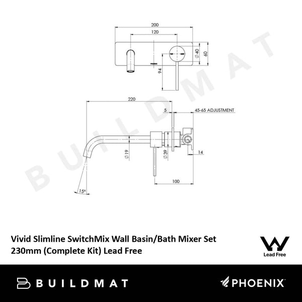 Phoenix Vivid Slimline SwitchMix Wall Basin / Bath Mixer Set 230mm (Complete Kit) Lead Free Brushed Gold