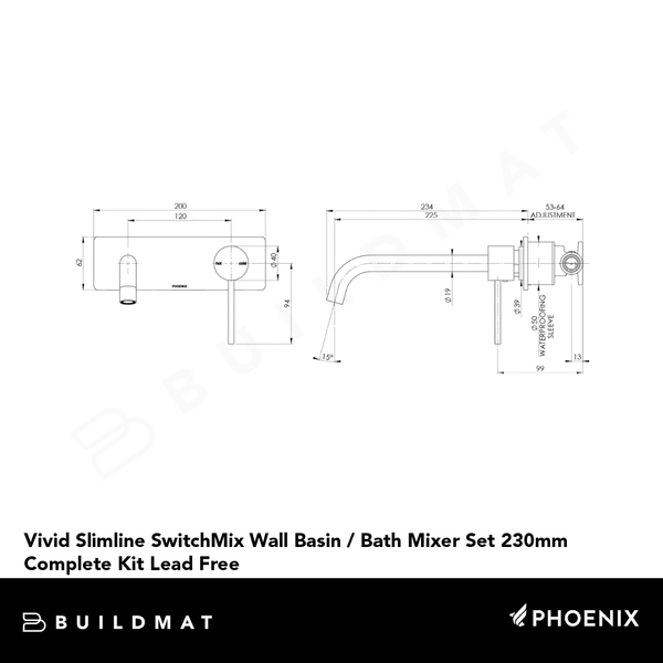 Phoenix Vivid Slimline SwitchMix Wall Basin / Bath Mixer Set 230mm (Complete Kit) Lead Free Brushed Carbon