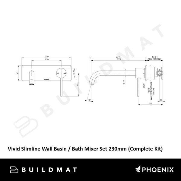 Phoenix Vivid Slimline Wall Basin / Bath Mixer Set 230mm (Complete Kit) Brushed Nickel