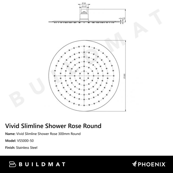 Phoenix Vivid Slimline Shower Rose 300mm Round Stainless Steel