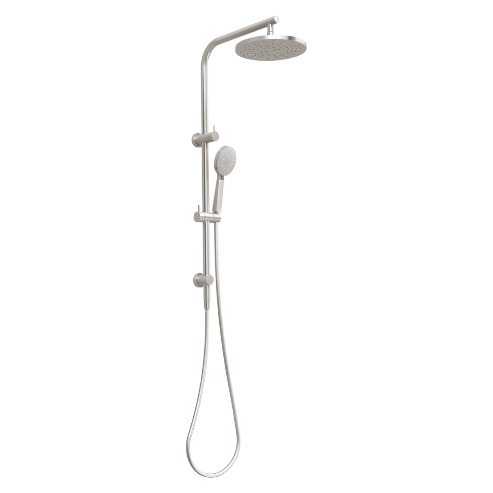 Vivid Slimline Twin Shower Brushed Nickel Top water inlet fits onto existing 1/2 plumbing Built-in, rotary diverter to switch from overhead shower to handpiece Brass rail, brackets and slider Supported by a 15 year warranty Adjustable bottom pillar for flexible mounting 3 function handpiece with angle and height adjust