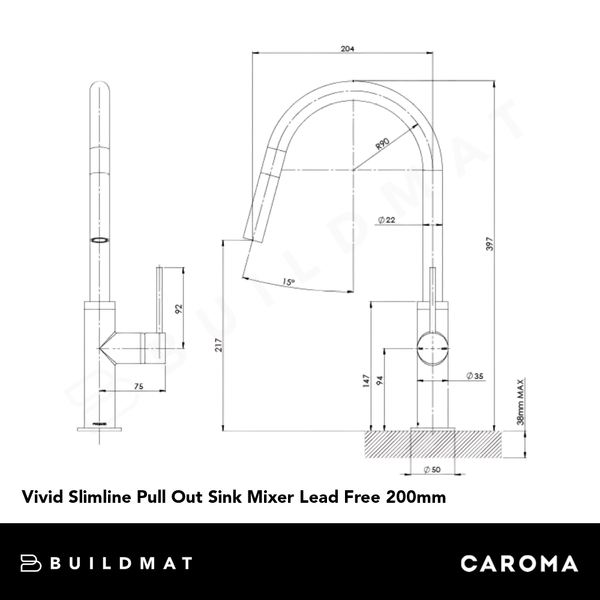 Phoenix Vivid Slimline Pull Out Sink Mixer Matte Black Lead Free