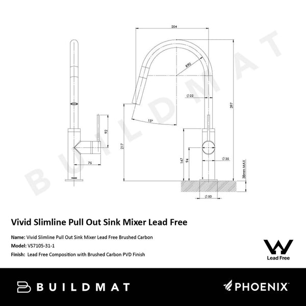 Phoenix Vivid Slimline Brushed Carbon Pull Out Sink Mixer Lead Free