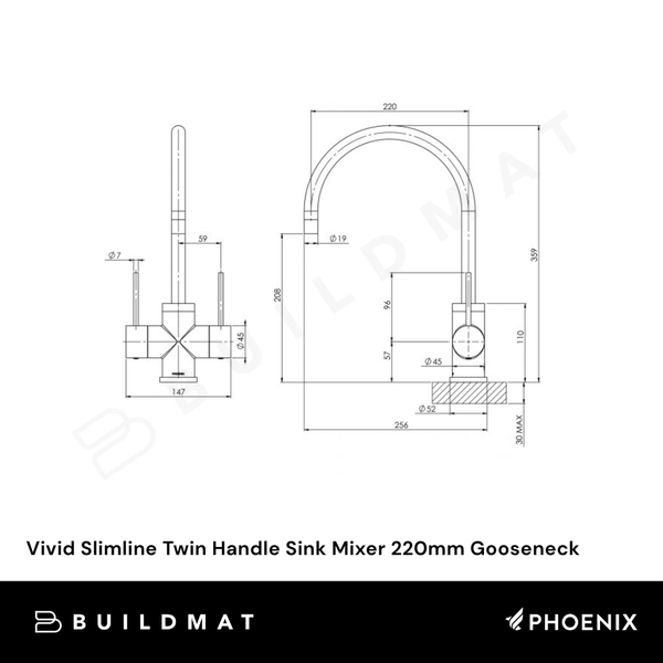 Phoenix Vivid Slimline Twin Handle Sink Mixer 220mm Gooseneck Chrome Lead Free