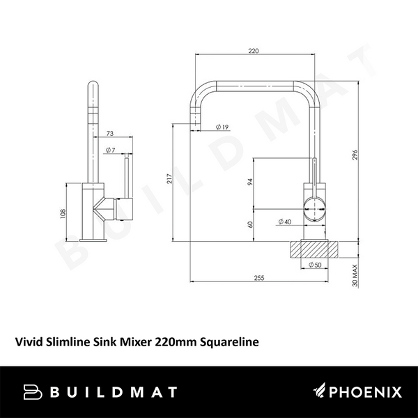 Phoenix Vivid Slimline Sink Mixer 220mm Squareline Lead Free Matte Black