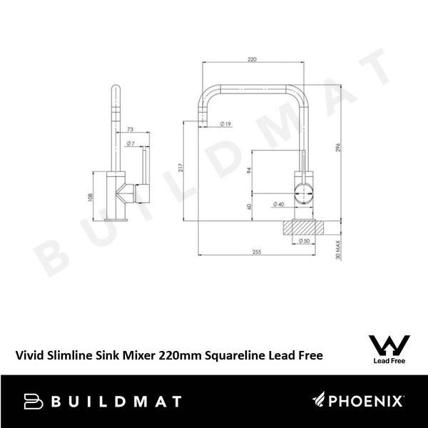 Phoenix Vivid Slimline Sink Mixer 220mm Squareline Brushed Nickel lead Free