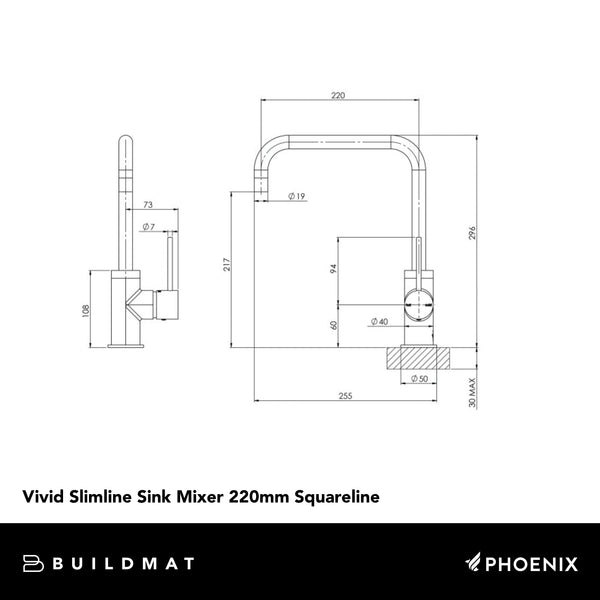 Phoenix Vivid Slimline Sink Mixer 220mm Squareline Lead Free Chrome