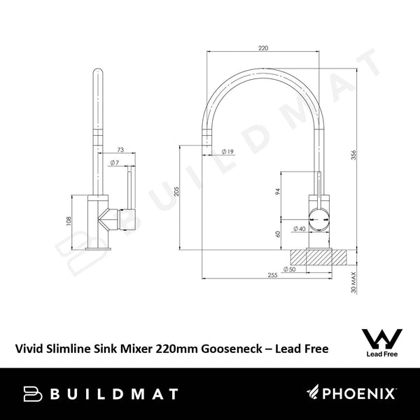 Phoenix Vivid Slimline Sink Mixer 220mm Gooseneck Chrome Lead Free