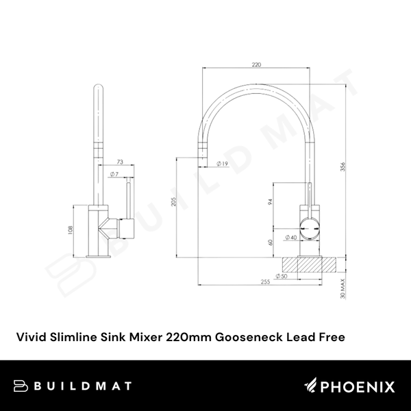 Phoenix Vivid Slimline Sink Mixer 220mm Gooseneck Matte Black Lead Free