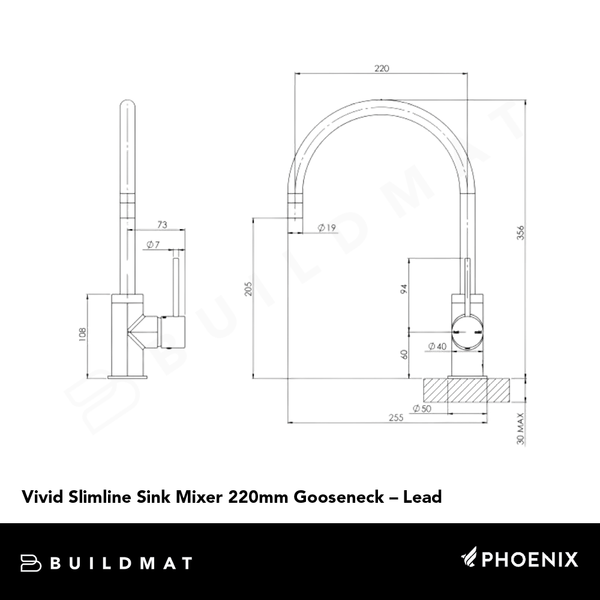 Phoenix Vivid Slimline Sink Mixer 220mm Gooseneck Lead Free Brushed Gold
