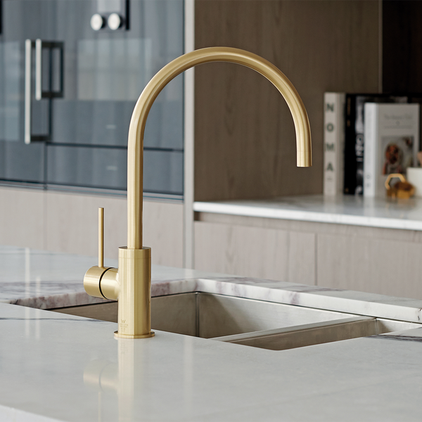 Phoenix Vivid Slimline Sink Mixer 220mm Gooseneck Lead Free Brushed Gold