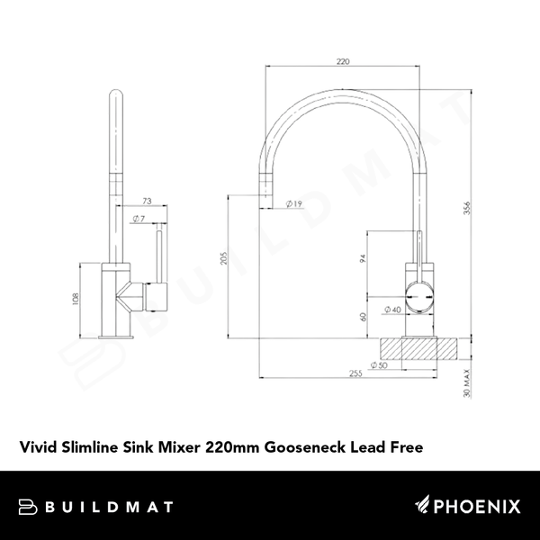 Phoenix Vivid Slimline Sink Mixer 220mm Gooseneck Lead Free Brushed Carbon
