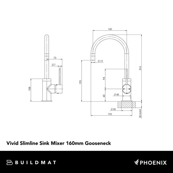 Phoenix Vivid Slimline Chrome Sink Mixer 160mm Gooseneck Lead Free