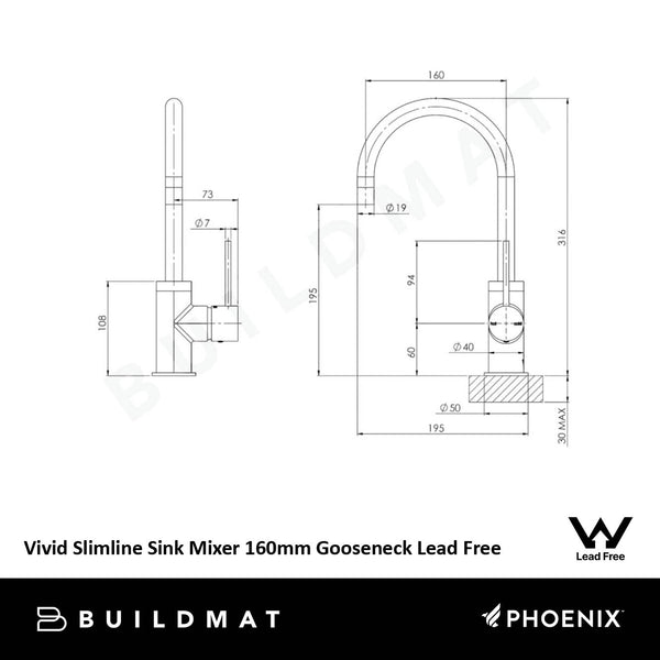 Phoenix Vivid Slimline Brushed Gold Sink Mixer 160mm Gooseneck Lead Free