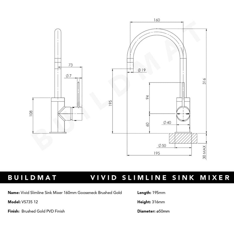 Vivid Slimline Brushed Gold Sink Mixer 160mm Gooseneck