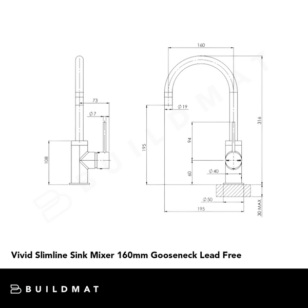Phoenix Vivid Slimline Sink Mixer 160mm Gooseneck Lead Free Brushed Carbon