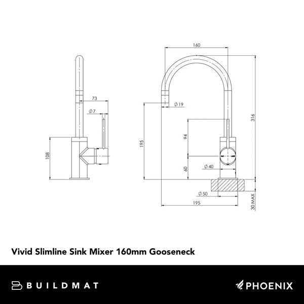 Phoenix Vivid Slimline Brushed Nickel Sink Mixer 160mm Gooseneck Lead Free