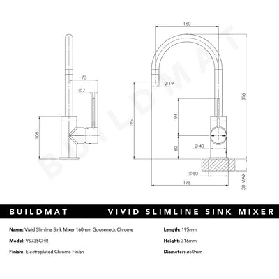 Vivid Slimline Chrome Sink Mixer 160mm Gooseneck