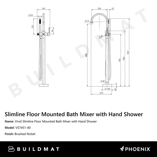 Phoenix Vivid Slimline Floor Mounted Bath Mixer with Hand Shower Brushed Nickel